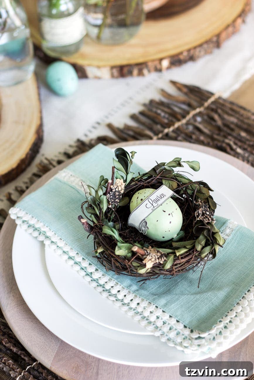 Blossoming Easter Brunch Table 12 Personalized Easter place setting with nest and eggs