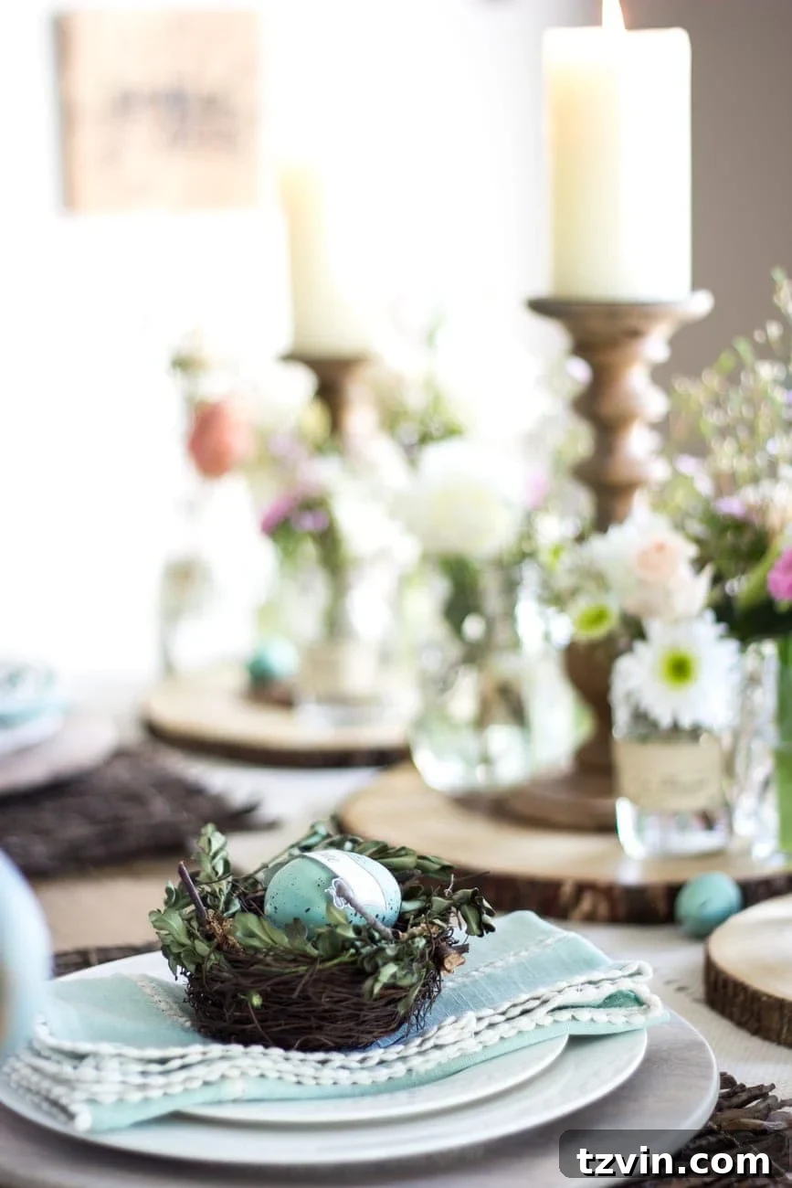 Blossoming Easter Brunch Table 15 Close-up of Easter table details with natural decor