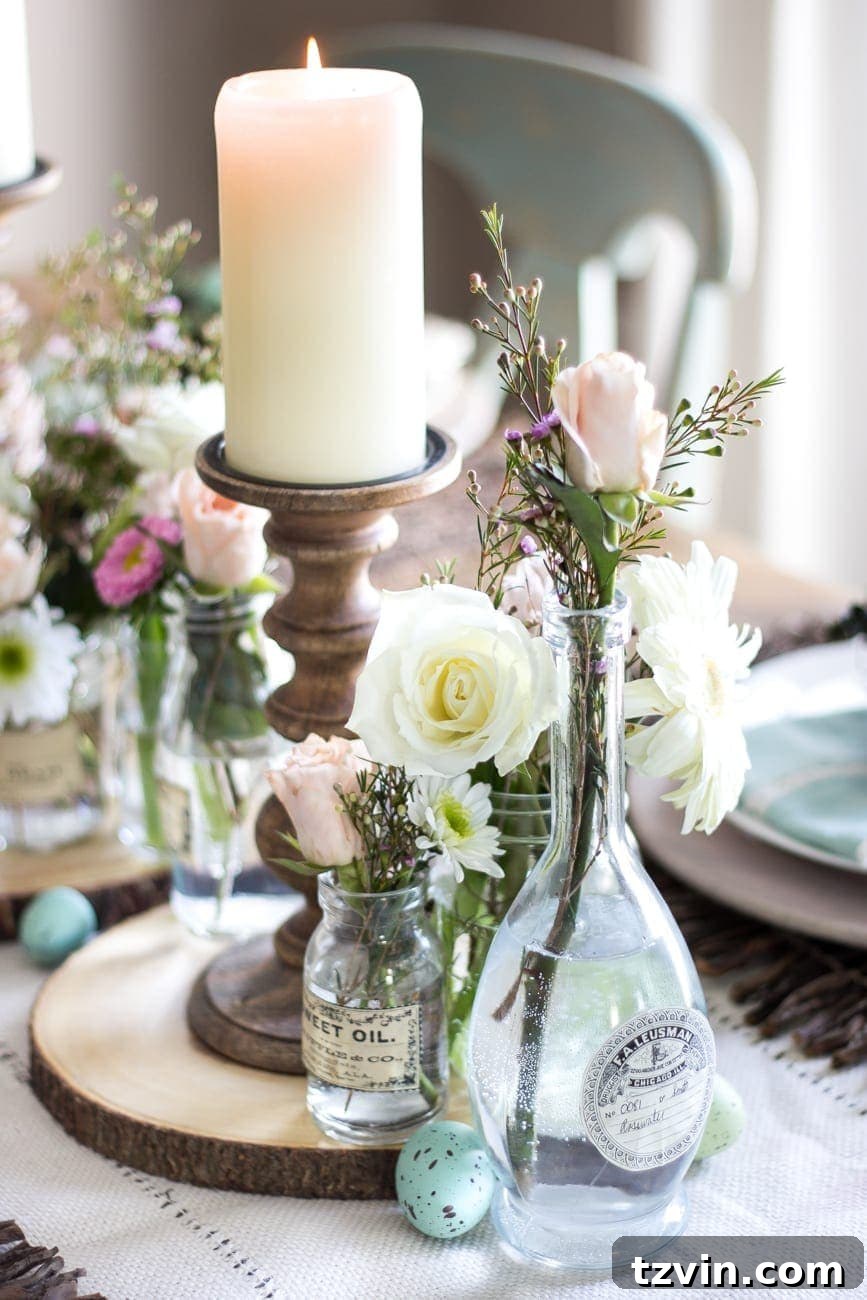 Blossoming Easter Brunch Table 18 Candles glowing on a rustic Easter table