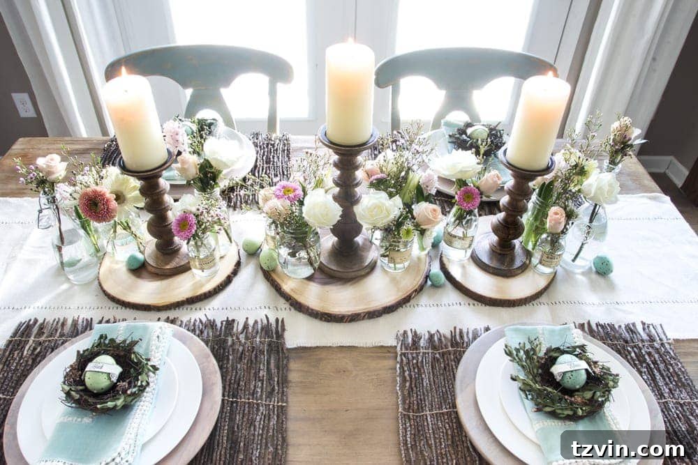 Blossoming Easter Brunch Table 7 Tablescape centerpiece with wood slices and candle holders