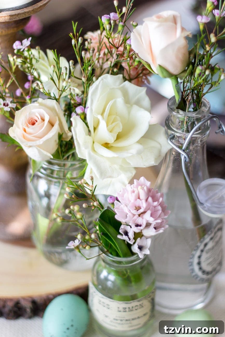 Blossoming Easter Brunch Table 8 Easter tablescape with glass bottles and jars