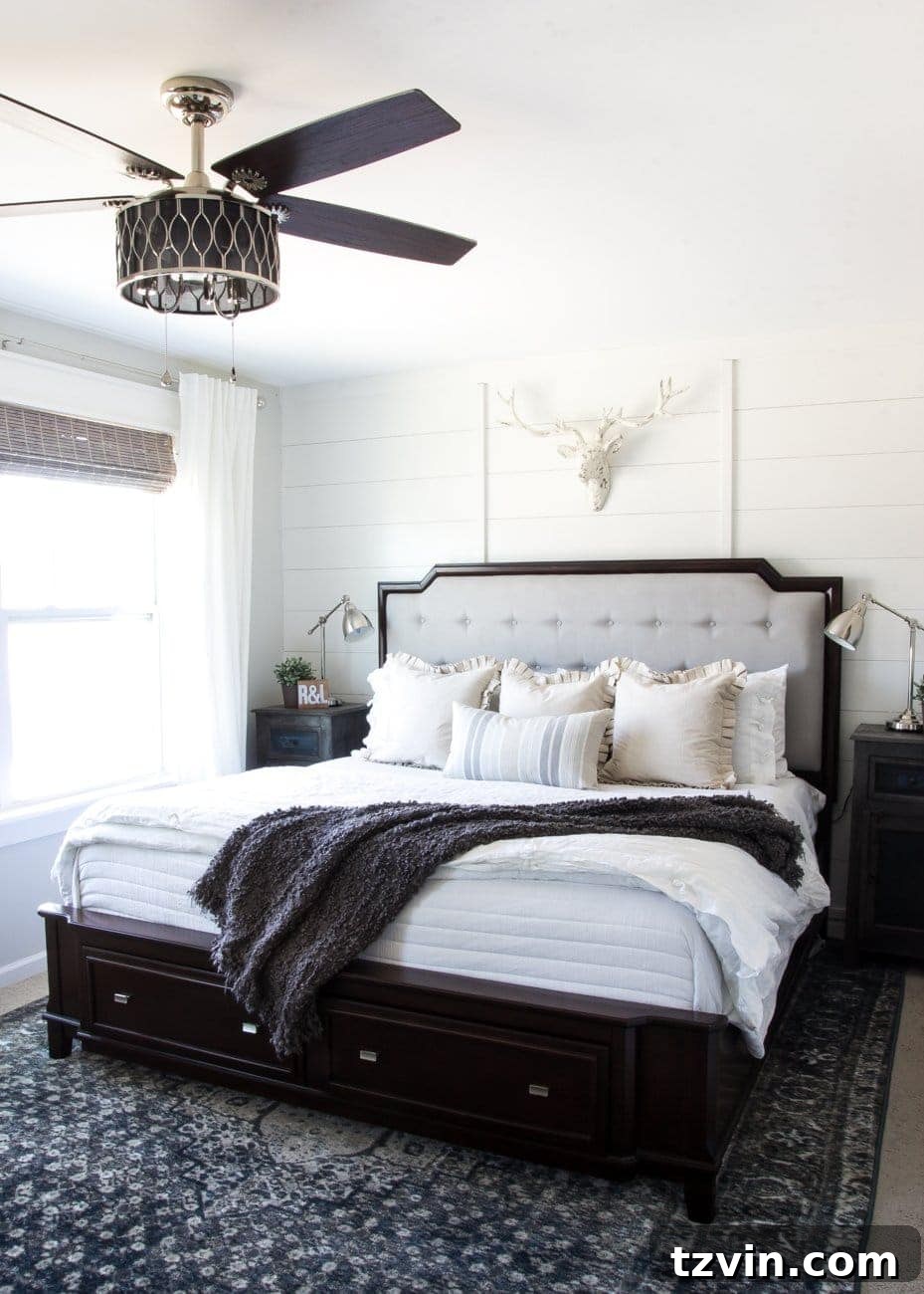 Revitalize Your Sofa: Easy Upholstery Painting 12 Master bedroom with newly painted gray upholstered headboard
