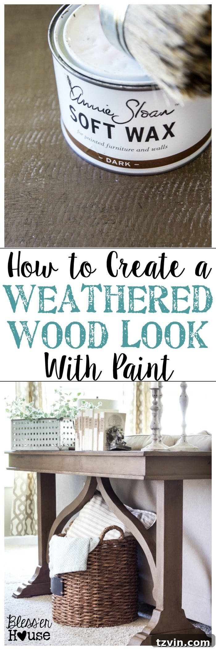 Pinterest pin showing a collage of the weathered wood look transformation