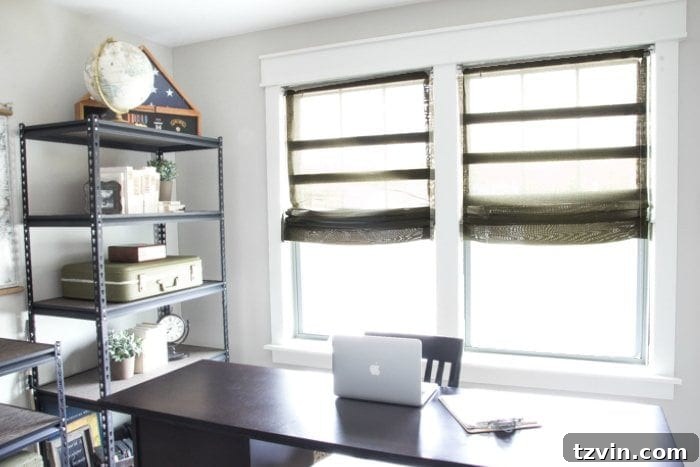 After photo of DIY burlap Roman shades, revealing minor imperfections in one shade