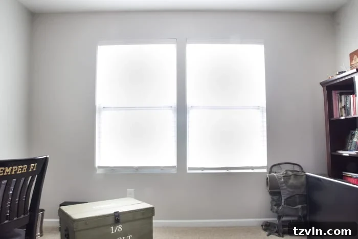 Side-by-side comparison of the office windows before and after the DIY Roman shades installation