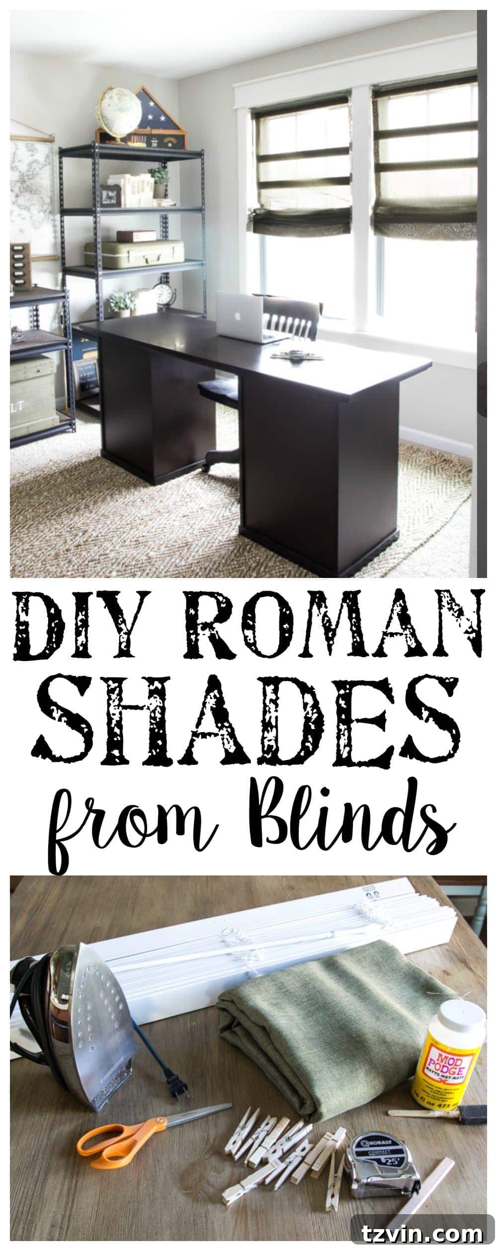 Collage of finished DIY Roman shades and other elements of the vintage industrial office