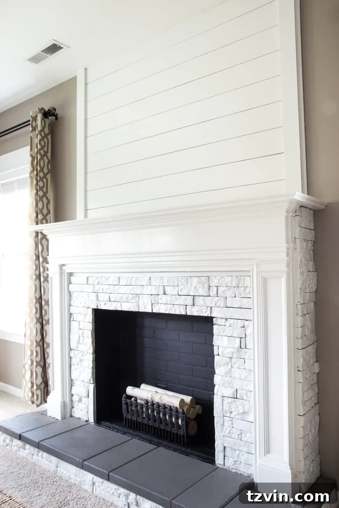 Transformed Living Room: Clear Mantel Ready for Decor, Faux Fireplace Focal Point