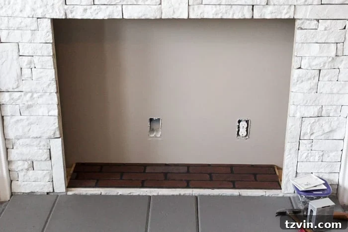 Installing the Faux Brick Hardboard Base for Our Firebox