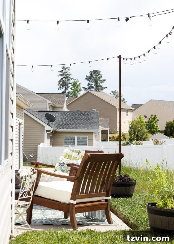 How to Decorate a Small Patio | blesserhouse.com - Utilize a small patio space with chairs at each corner and a fire pit in the middle for function and entertainment. Add outdoor string lights for a cozy ambience.