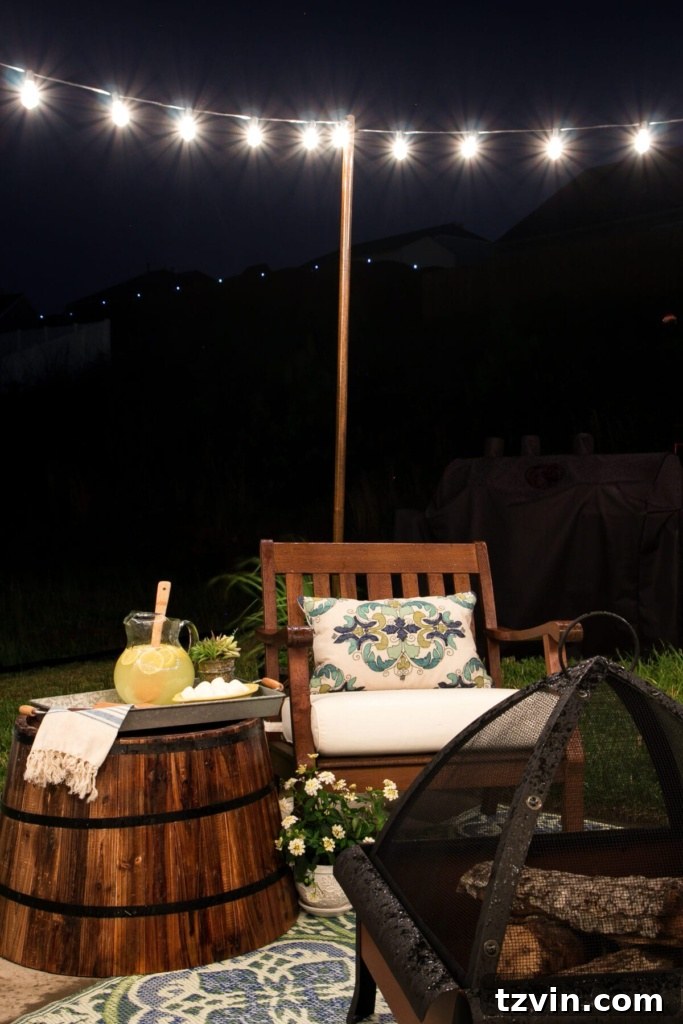 How to Decorate a Small Patio | blesserhouse.com - Utilize a small patio space with chairs at each corner and a fire pit in the middle for function and entertainment. Add outdoor string lights for a cozy ambience.