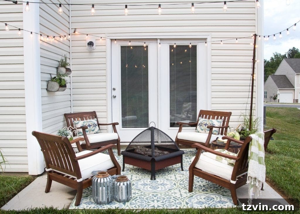 How to Decorate a Small Patio | blesserhouse.com - Utilize a small patio space with chairs at each corner and a fire pit in the middle for function and entertainment. Add outdoor string lights for a cozy ambience.