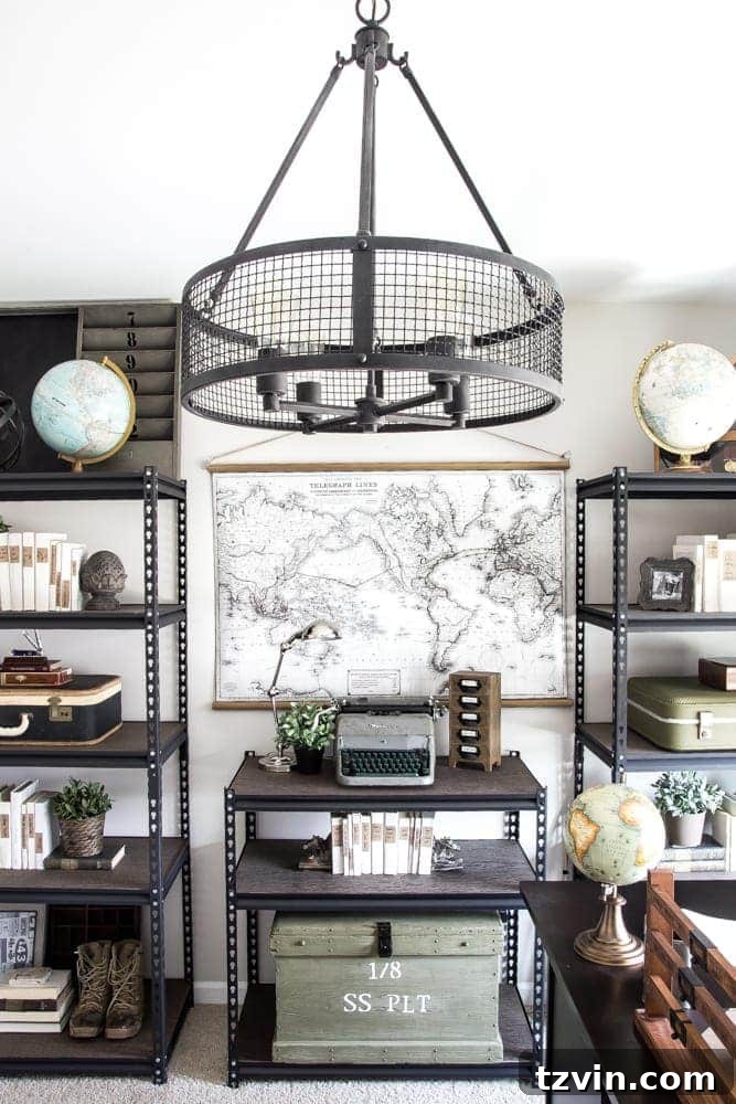 Full View of Styled Industrial Military Office | blesserhouse.com - A complete masculine office space filled with personal history and DIYs.