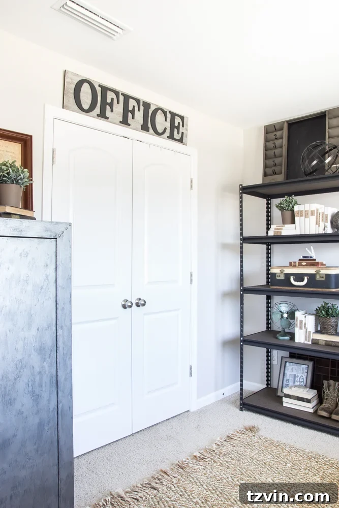 DIY Vintage Office Sign and Faux Zinc Safe Makeover | blesserhouse.com - Before and after details of closet and safe transformation.