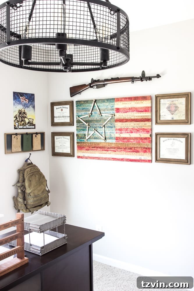 Gallery Wall with Military Accolades and DIY Flag Art | blesserhouse.com - Showcasing Robert's achievements and patriotic decor in the office.