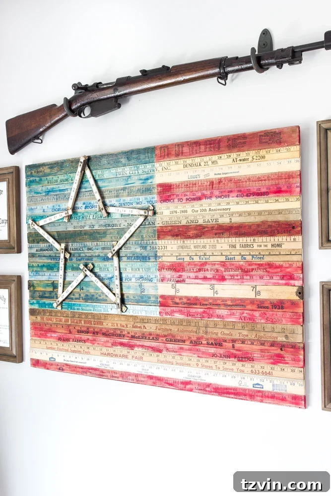 Close-up of DIY Yardstick American Flag Wall Art | blesserhouse.com - A unique, handmade patriotic art piece in a masculine office.