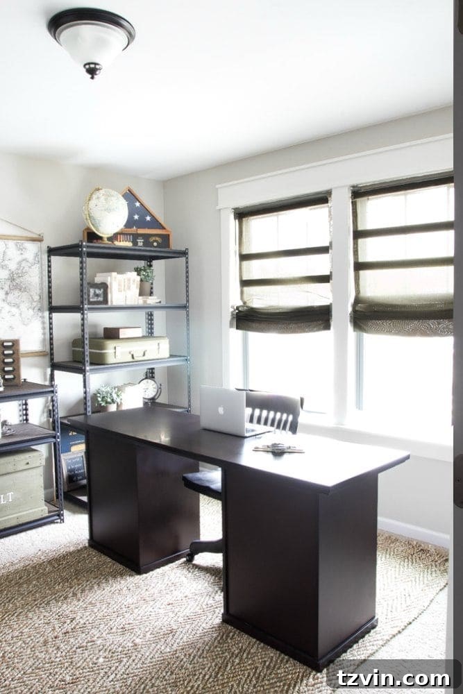 Dated 'Boob Light' in Industrial Military Office Before Makeover | blesserhouse.com - Highlighting the final design challenge before the reveal.