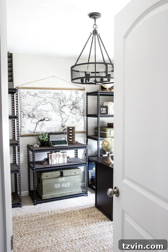 Industrial Military Office Reveal with New Lighting | blesserhouse.com - A masculine office makeover using lots of DIYs and thrift finds, featuring new pendant lighting.