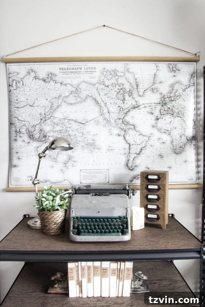 DIY Vintage Pull-Down Map in Industrial Military Office | blesserhouse.com - A cost-effective, custom map creating a focal point in the masculine office.