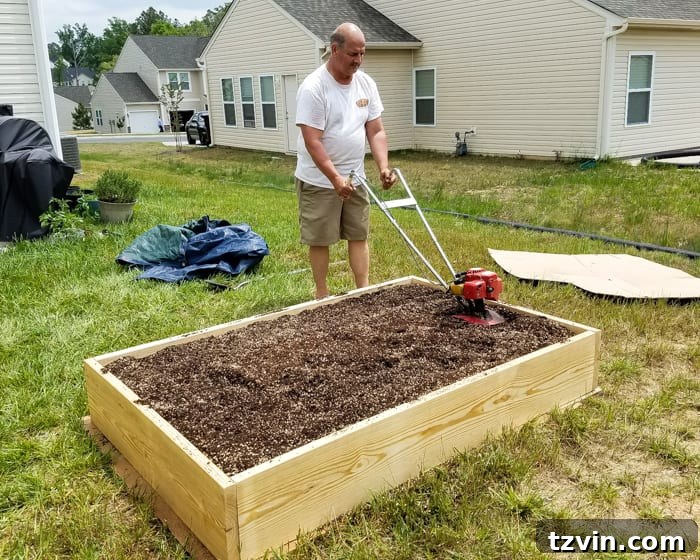 Raised Bed Revolution: Achieving Abundant Vegetable Harvests 12 tilling soil mixture for preparing a raised bed vegetable garden frame