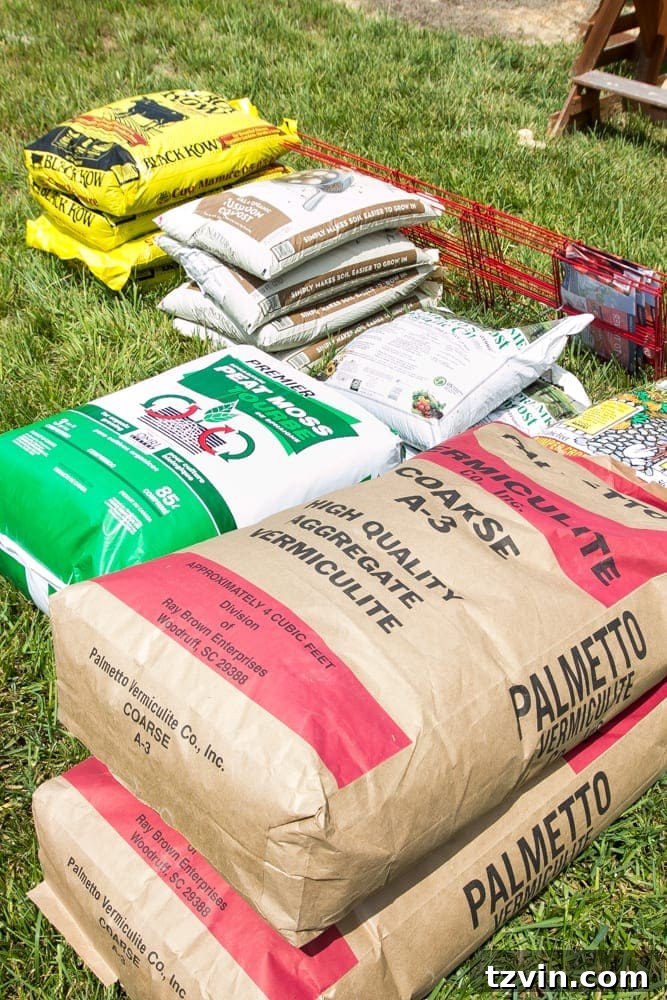 Raised Bed Revolution: Achieving Abundant Vegetable Harvests 7 stacks of vegetable gardening soil, peat moss, vermiculite, and compost bags