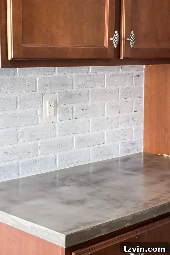 Close-up view of completed skim coat concrete kitchen countertops