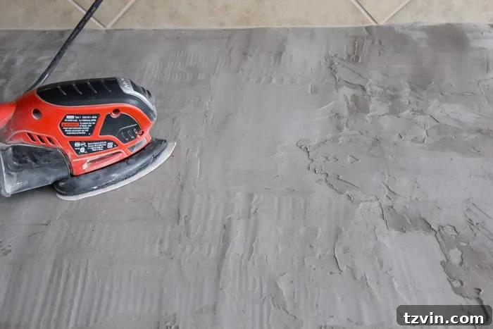 Sanding the problematic first concrete coat on countertops