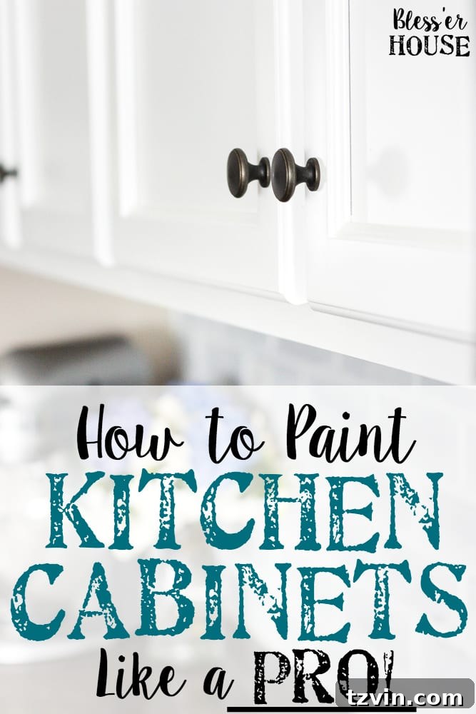 Elevate Your Kitchen: Pro Strategies for Cabinet Painting 25 Pinterest pin graphic for 'How to Paint Kitchen Cabinets Like a Pro', featuring a collage of cabinet painting process photos and the finished kitchen.