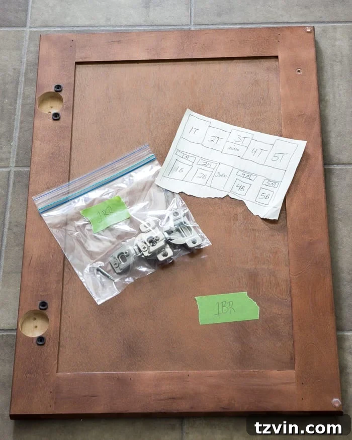 Elevate Your Kitchen: Pro Strategies for Cabinet Painting 5 A close-up image showing a cabinet door labeled with a number and its corresponding hardware in a labeled sandwich bag, emphasizing the importance of organization when painting kitchen cabinets.