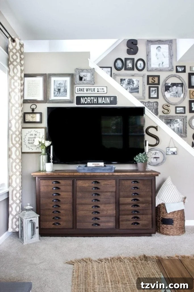 Elevate Your TV Area Style 5 Living room with a large TV integrated into a gallery wall