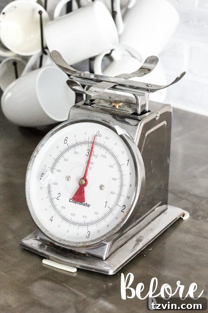 Rustic Chic Vintage Scale Makeover 2 Before: A sad, plain thrift store kitchen scale awaits its faux rust makeover. See how a simple steel scale can be transformed into vintage decor with paint.