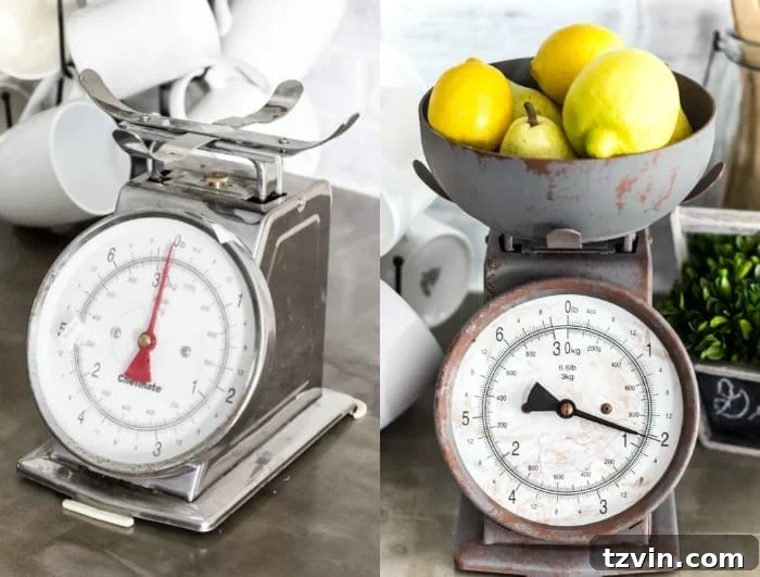 Rustic Chic Vintage Scale Makeover 13 Side-by-side comparison of the kitchen scale before and after the faux rust makeover, showing a dramatic transformation.
