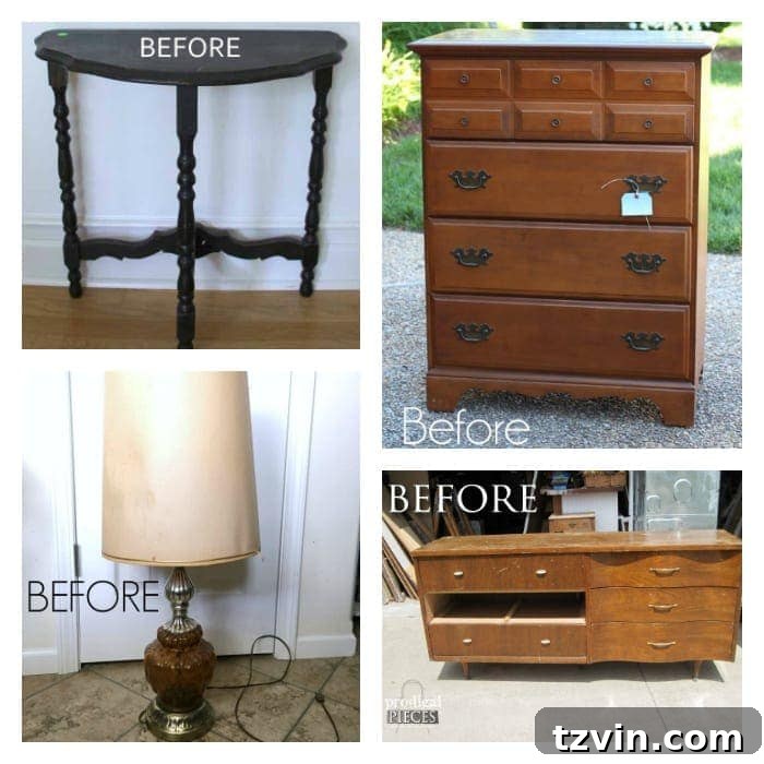 Rustic Chic Vintage Scale Makeover 15 A collage of various Trash to Treasure DIY projects from different bloggers, showcasing diverse thrifty makeovers.