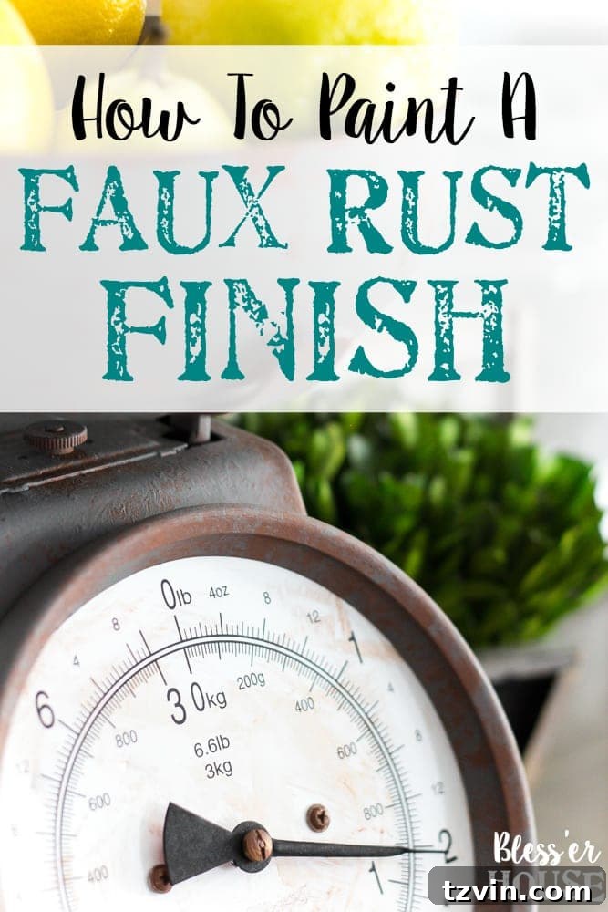 Rustic Chic Vintage Scale Makeover 16 Pinterest graphic: How to Paint a Faux Rust Finish on a Kitchen Scale. Step-by-step tutorial for creating vintage look with paint.