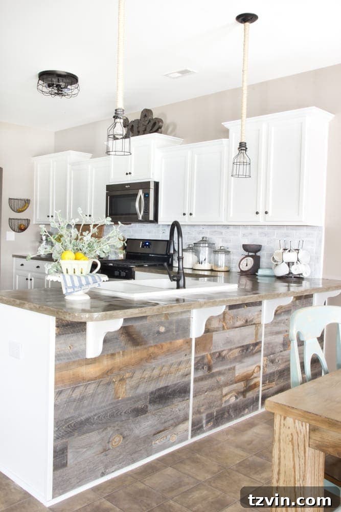 Close-up of the rustic texture of the Stikwood reclaimed wood on the kitchen bar.
