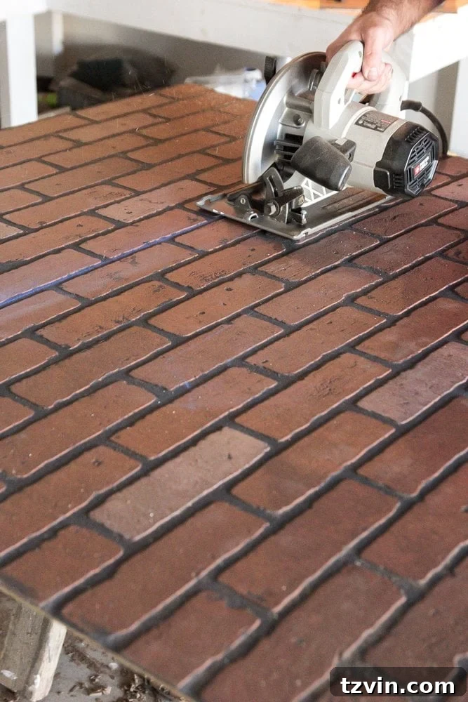 Cutting faux brick paneling with a circular saw for precise backsplash installation