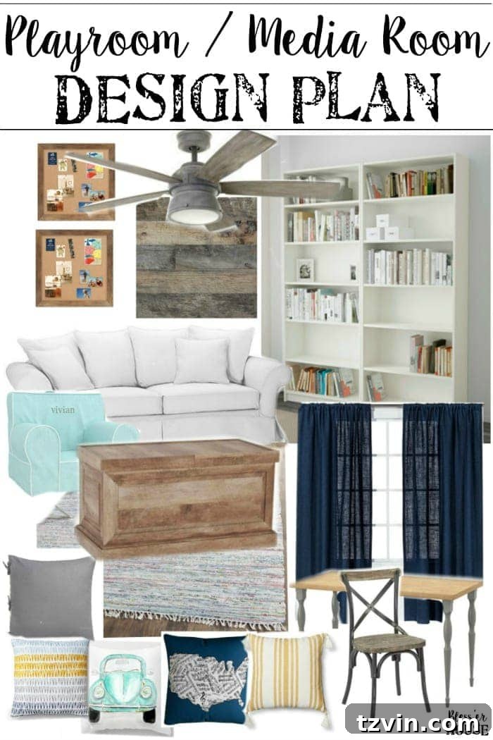 Crafting Your Combined Play & Media Oasis 2 Playroom Media Room Design Plans | blesserhouse.com - A modern rustic playroom / media room combo that's cheerful and cozy.