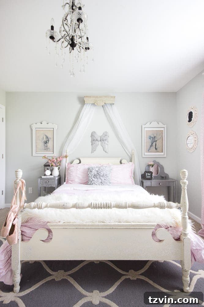 Mirror Frames Reimagined as Photo Displays 12 A closer view of the repurposed mirror frames in Olivia's bedroom, showcasing the delicate ballerina art and the overall aesthetic.