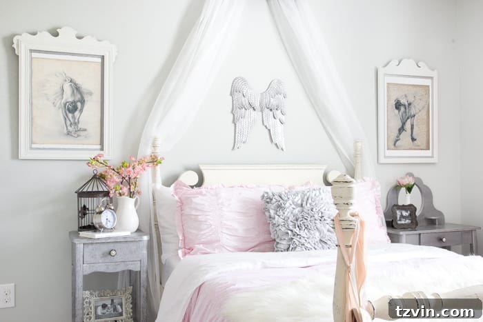 Mirror Frames Reimagined as Photo Displays 14 A wide shot of Olivia's ballerina-themed bedroom, showcasing the overall design and the repurposed mirror frames as key decor elements.