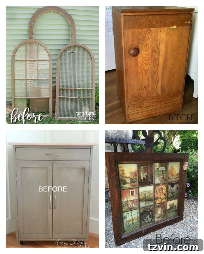 Mirror Frames Reimagined as Photo Displays 15 Collage of various Trash to Treasure Tuesday projects by different bloggers, including repurposed screen doors, telephone booth cabinets, and carts.
