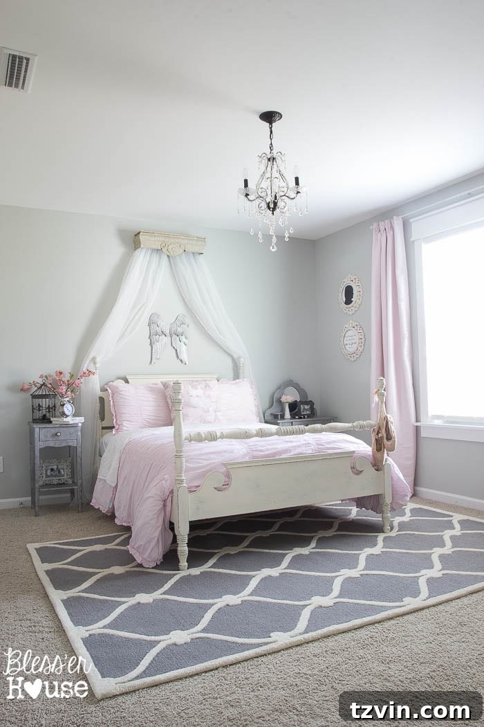 Mirror Frames Reimagined as Photo Displays 7 Olivia's charming ballerina-themed bedroom with an empty wall space, awaiting the addition of repurposed mirror picture frames.