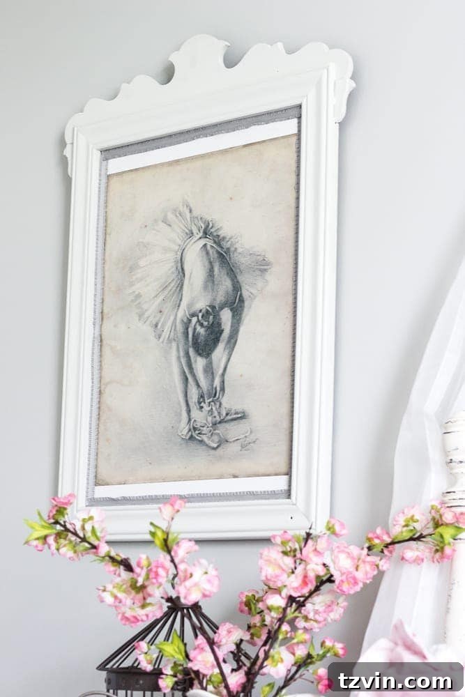 Mirror Frames Reimagined as Photo Displays 10 Repurposed vintage mirror frames, now elegant picture frames with ballerina art, beautifully styled in a child's bedroom.