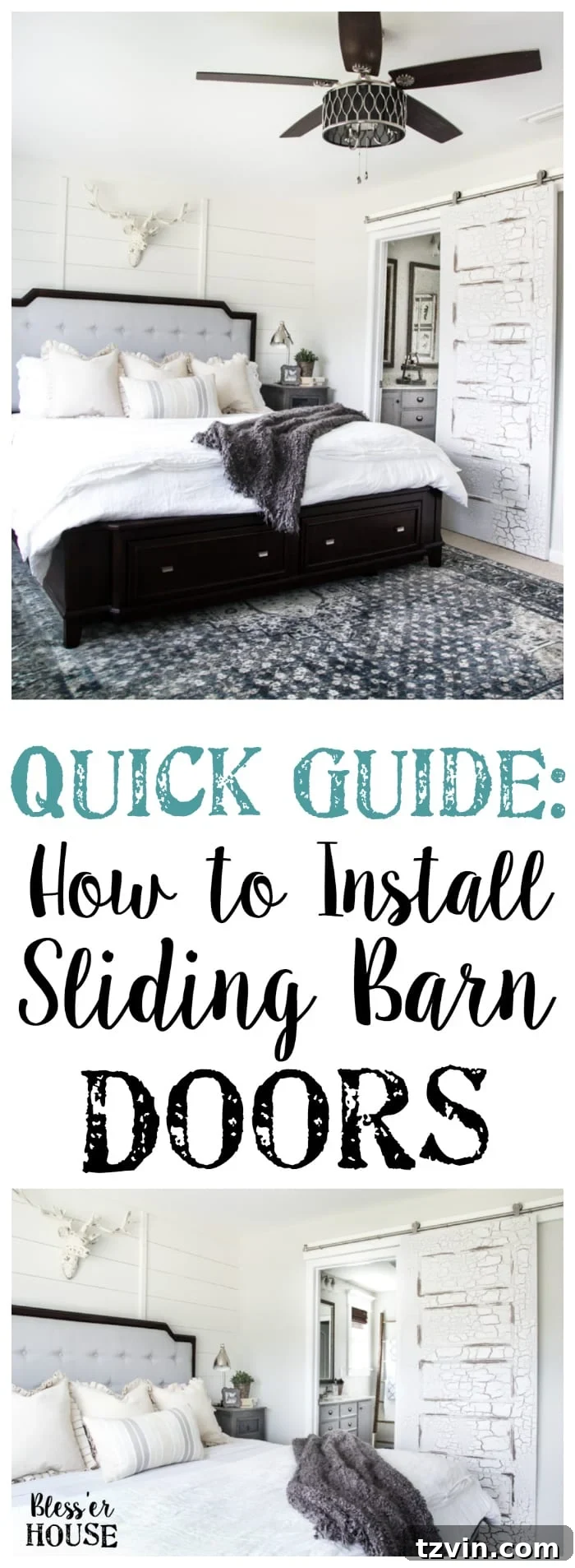 DIY Sliding Barn Door Installation 17 Pinterest graphic: How to Install Sliding Barn Doors | blesserhouse.com - A quick tutorial to show how to install sliding barn doors in 5 easy steps using a door hardware kit from @NationalHardware. #sponsored