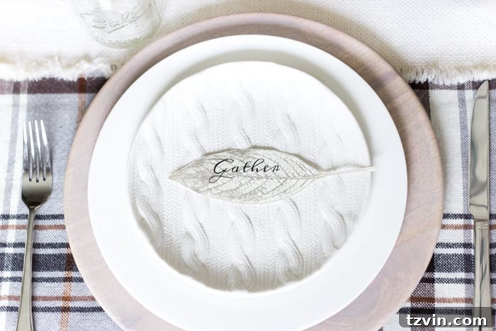 Autumn Harvest Leaf Place Card Printables 3 Gather Leaf Place Card Printable | blesserhouse.com - A sweet and simple place card free printable plus an early fall neutral tablescape.