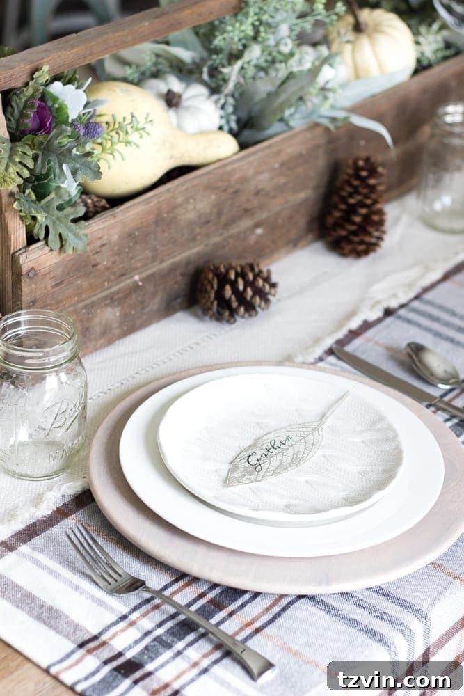 Autumn Harvest Leaf Place Card Printables 4 Gather Leaf Place Card Printable | blesserhouse.com - A sweet and simple place card free printable plus an early fall neutral tablescape.