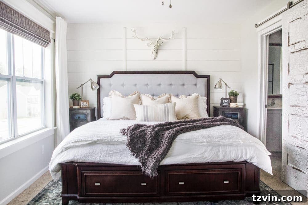 Get the Look: Our Rustic Modern Master Bedroom Transformation 17 Panoramic view of the completed rustic modern master bedroom, showcasing the overall design.