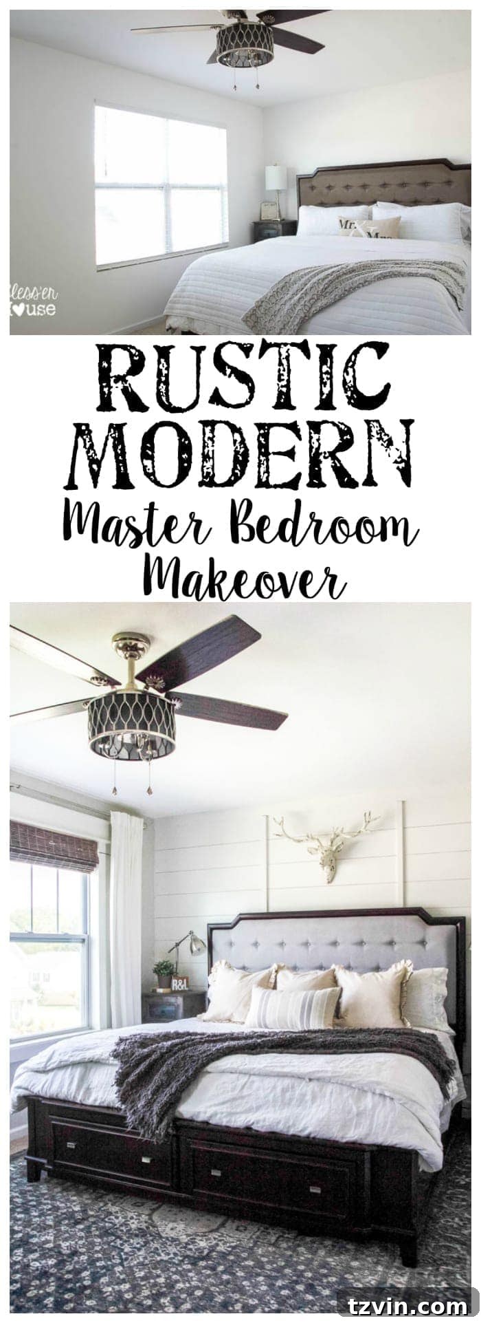 Get the Look: Our Rustic Modern Master Bedroom Transformation 18 Pin this: Rustic Modern Master Bedroom Reveal + Sources | blesserhouse.com - A plain white, boring builder-grade space gets a rustic modern master bedroom makeover using DIY home improvement tricks and decor shopping on a budget.