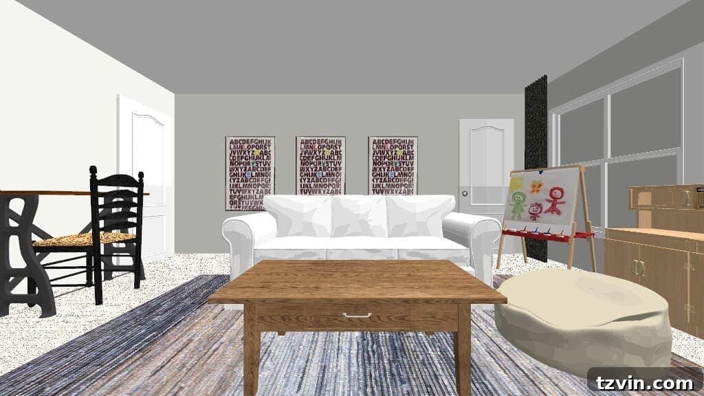 Playroom Layout with Rug and Seating | blesserhouse.com - Top-down view of the playroom illustrating the planned rug and sofa placement.