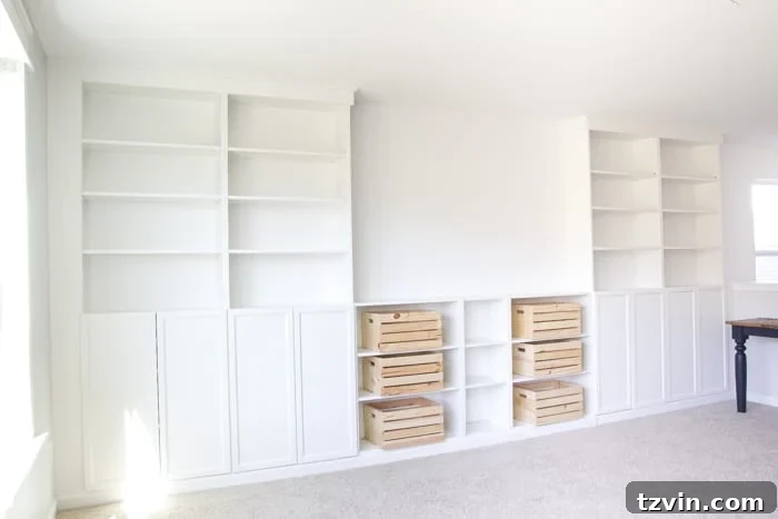 DIY Built-Ins from IKEA Billy Bookcases, illustrating a step-by-step tutorial for creating professional-looking vertical storage.