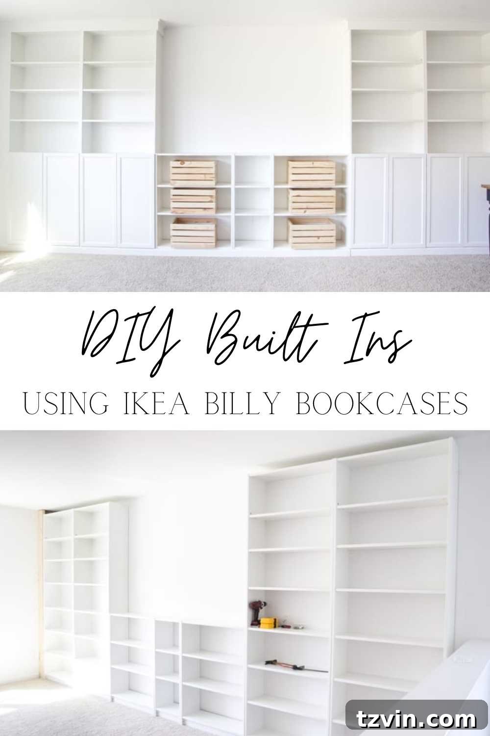 DIY Built-Ins from IKEA Billy Bookcases | A step-by-step tutorial for how to make professional looking built in bookshelves using IKEA Billy bookcases for vertical storage.