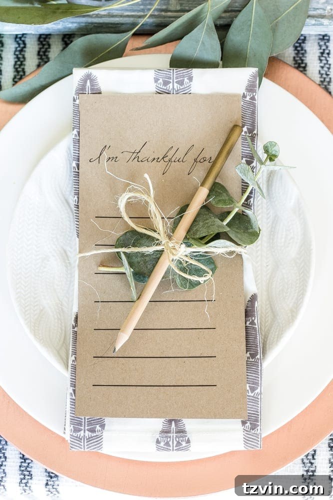 Green and Copper Thanksgiving Tablescape + Printable | blesserhouse.com - How to style a Thanksgiving tablescape using dollar store finds and repurposing typical items around the house for inexpensive holiday decor. 
